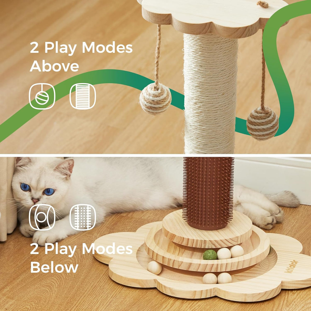 Cat Sisal Scratching Post, 4 in 1 Wooden Cat Scratcher Toy with Groomer, 24" Tall Scratch Post with