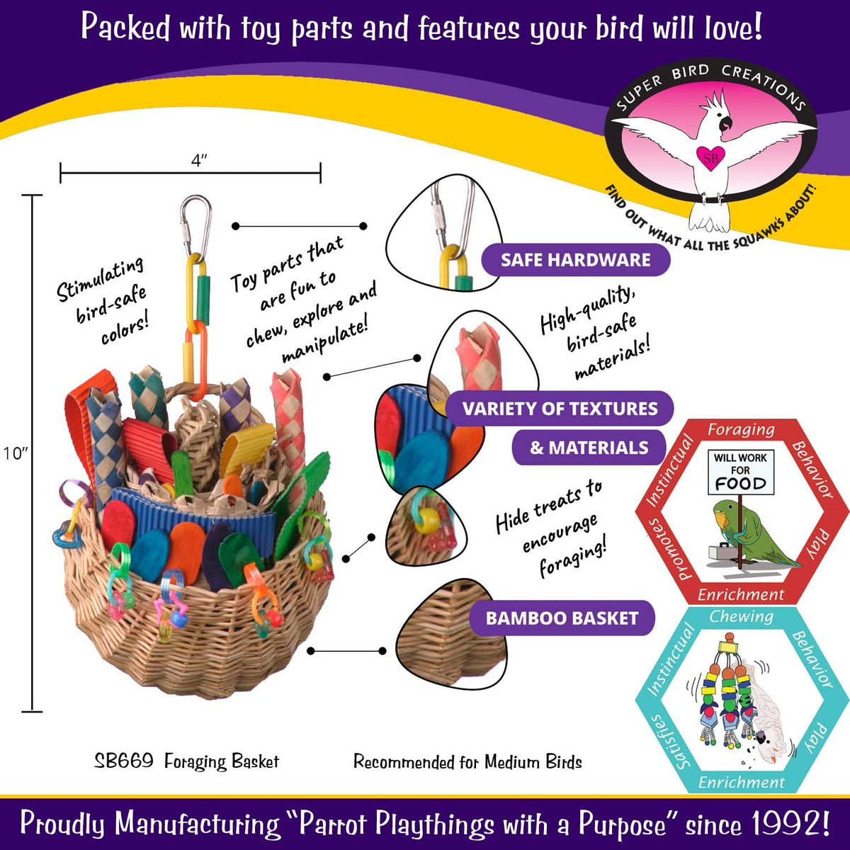 Super Bird Creations SB669 Wicker Foraging Basket Bird Toy for Parrots Cockatiels Ringnecks Medium