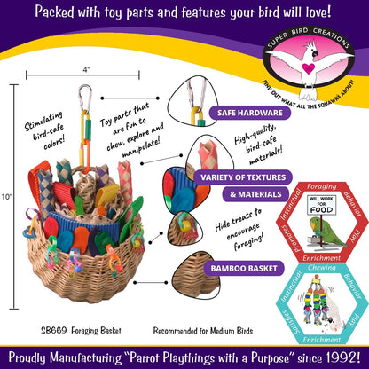 Super Bird Creations SB669 Wicker Foraging Basket Bird Toy for Parrots Cockatiels Ringnecks Medium