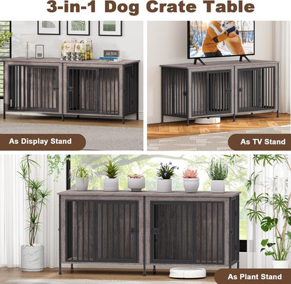 EasyCom 63" Dog Cage Furniture for 2 Pets with Divider, XL Wooden Double Dog Crate Furniture TV
