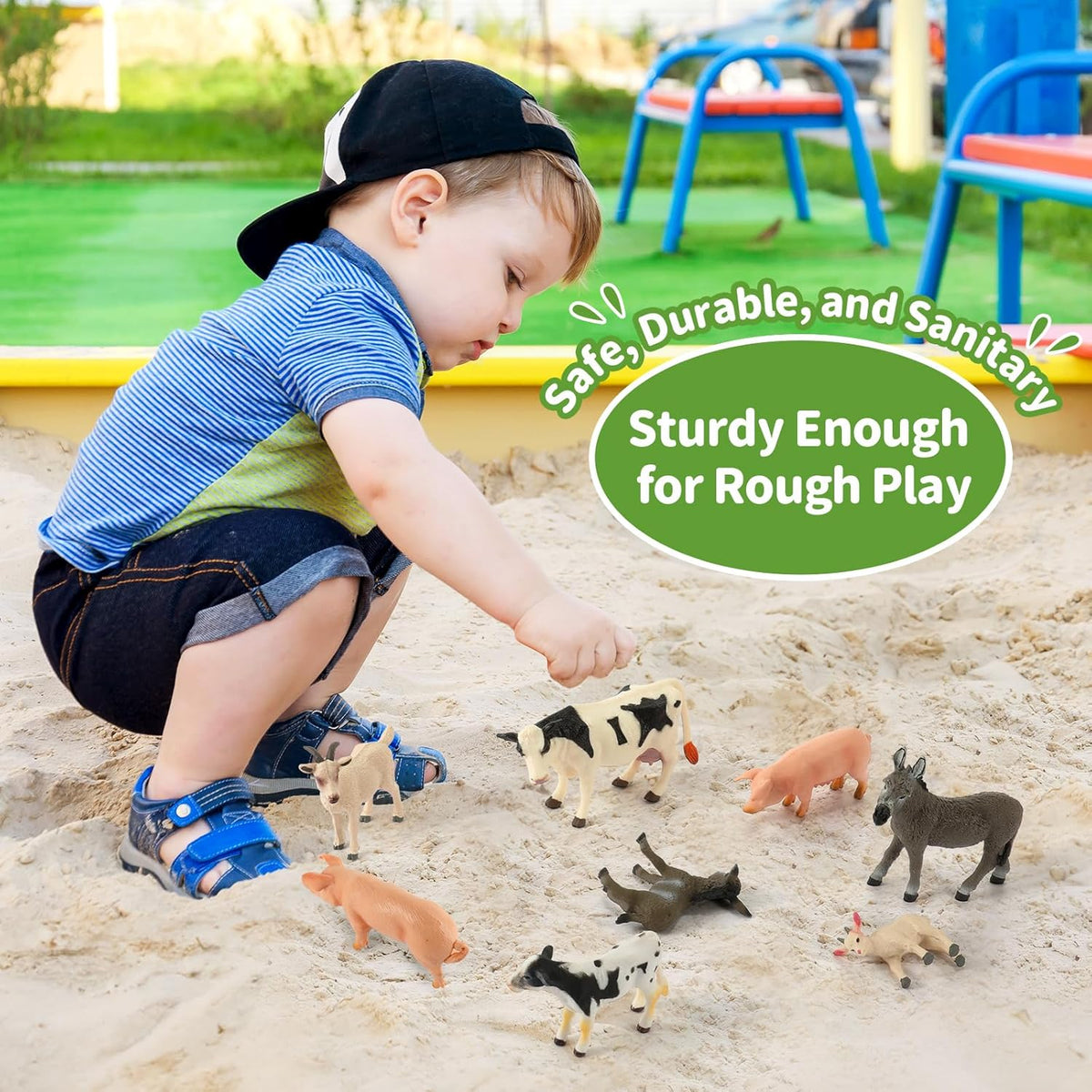 Farm Animal Toys, Realistic Farm Animal Figurines and Fence Playset, Includes Cow Pig Donkey Goat