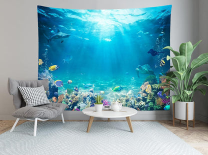 Loccor Underwater World Tapestry Blue Ocean Wall Hanging Under the Sea Coral Reef Wall Tapestry