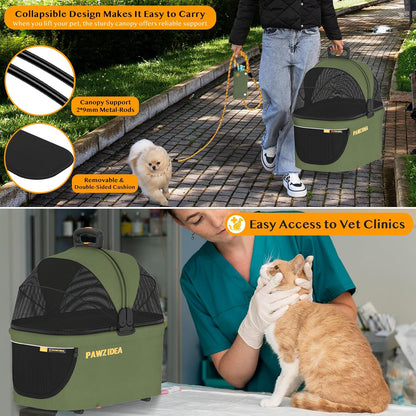 PAWZIDEA Cat Stroller 4 in 1, Pet Stroller for Small/Medium Dogs with Detachable Carrier Easy Lock