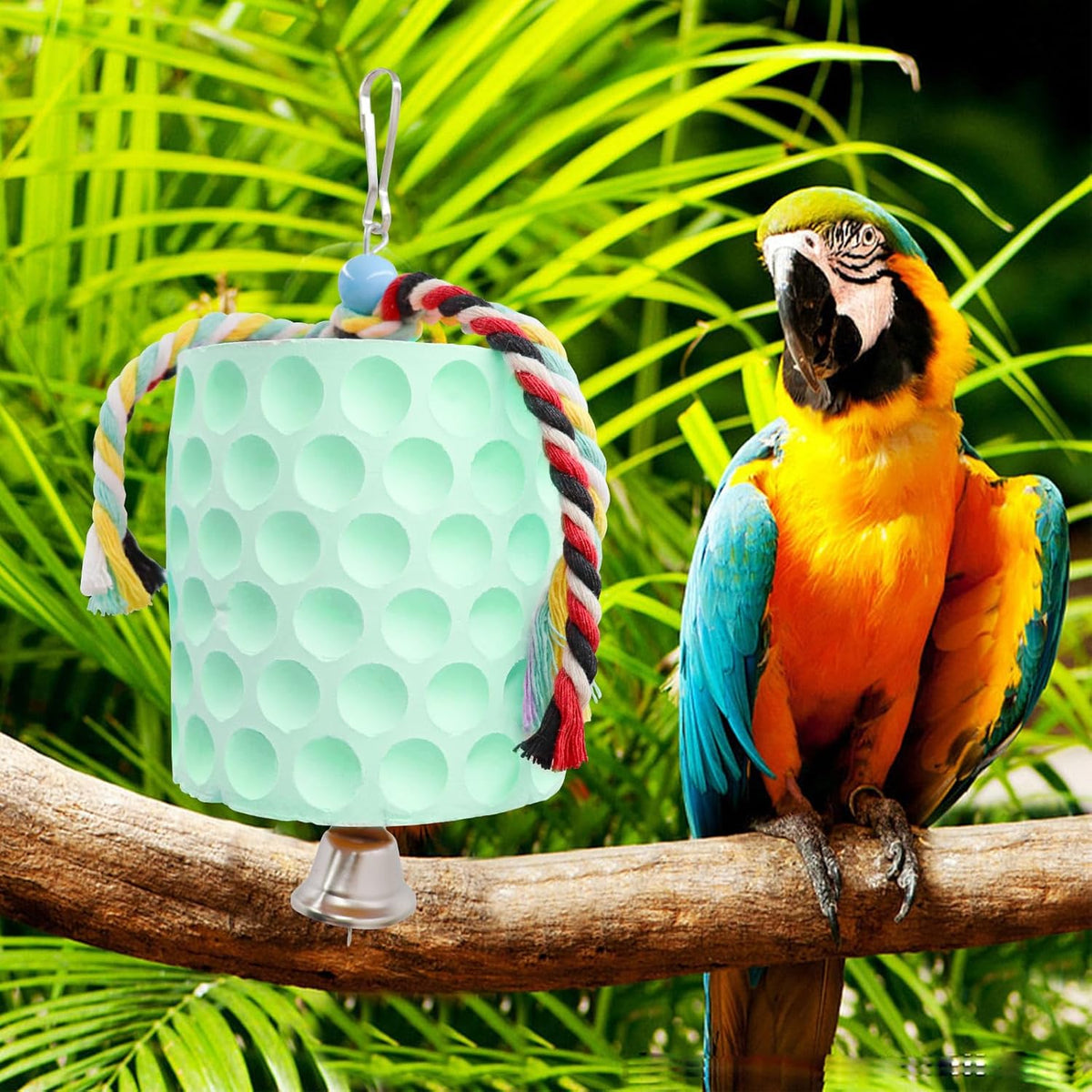 Oooct Extra Large Bird Chewing Toy, Parrot Beak Grinding Calcium Stone with Bells, Bird Cage