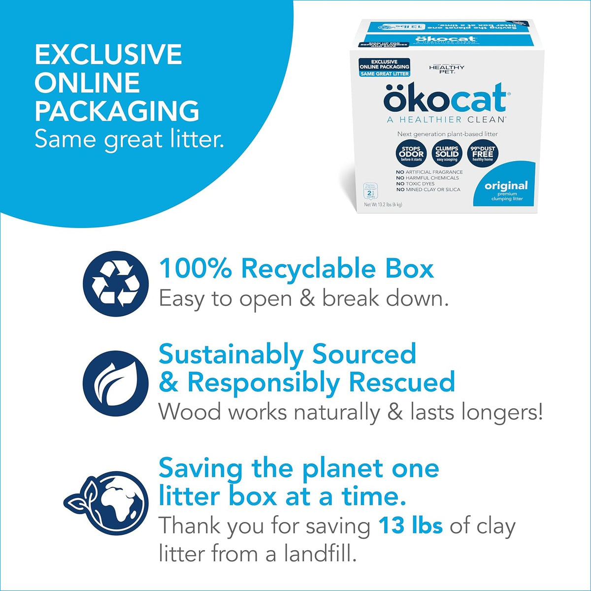 ökocat Original Wood Clumping Cat Litter, Unscented, 13.2 pounds - Natural Ingredients, Stops Odor
