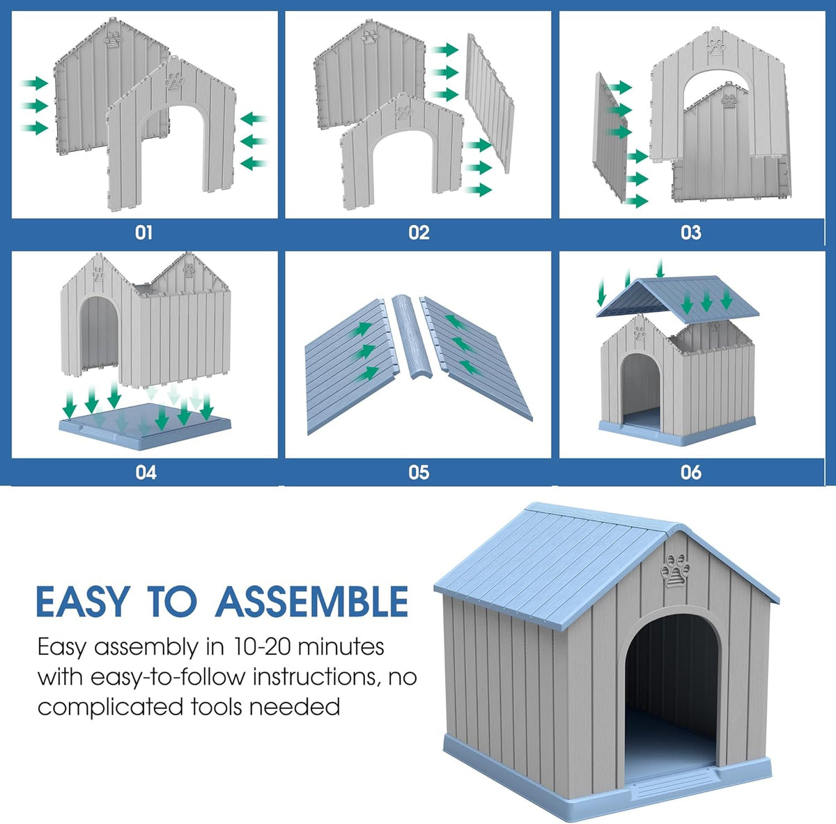 Large Outdoor Plastic Dog House - Indoor Outdoor Use for Medium & Large Dogs, Durable Waterproof