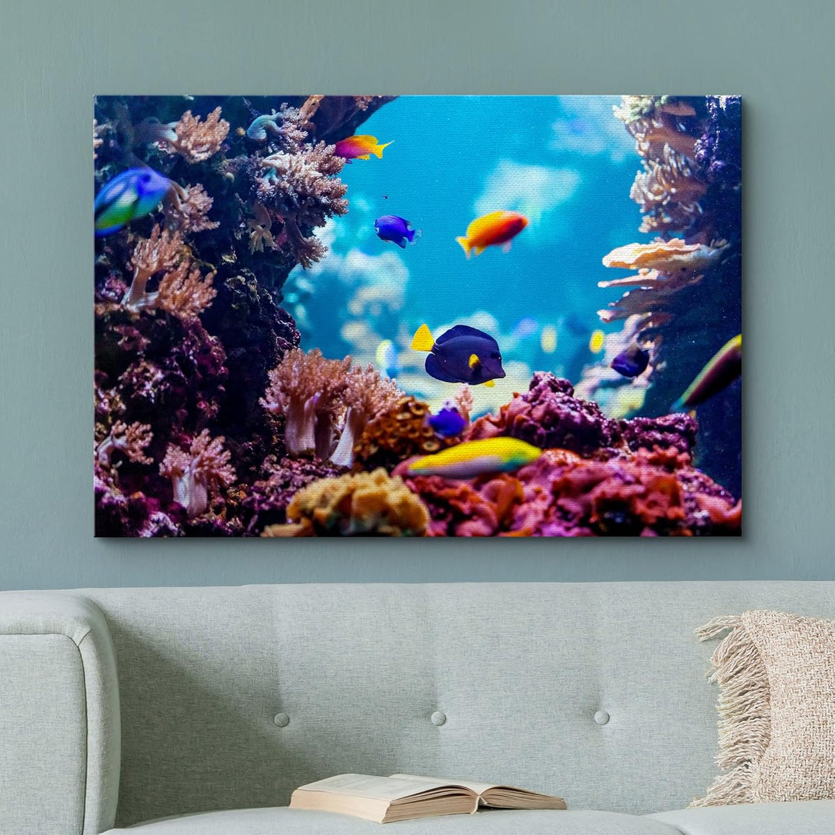 wall26 Canvas Print Wall Art Vibrant Blue Pink Coral Reef Blue Hippo Tang Nature Animals