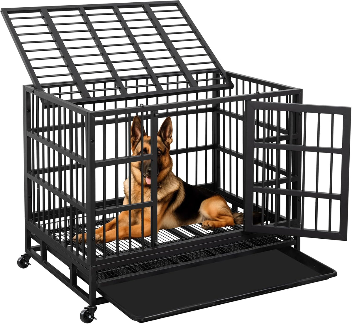 JY QAQA 38 Inch Heavy Duty Indestructible Dog Crate Double Doors Escape Proof Cage Kennel,Enhanced