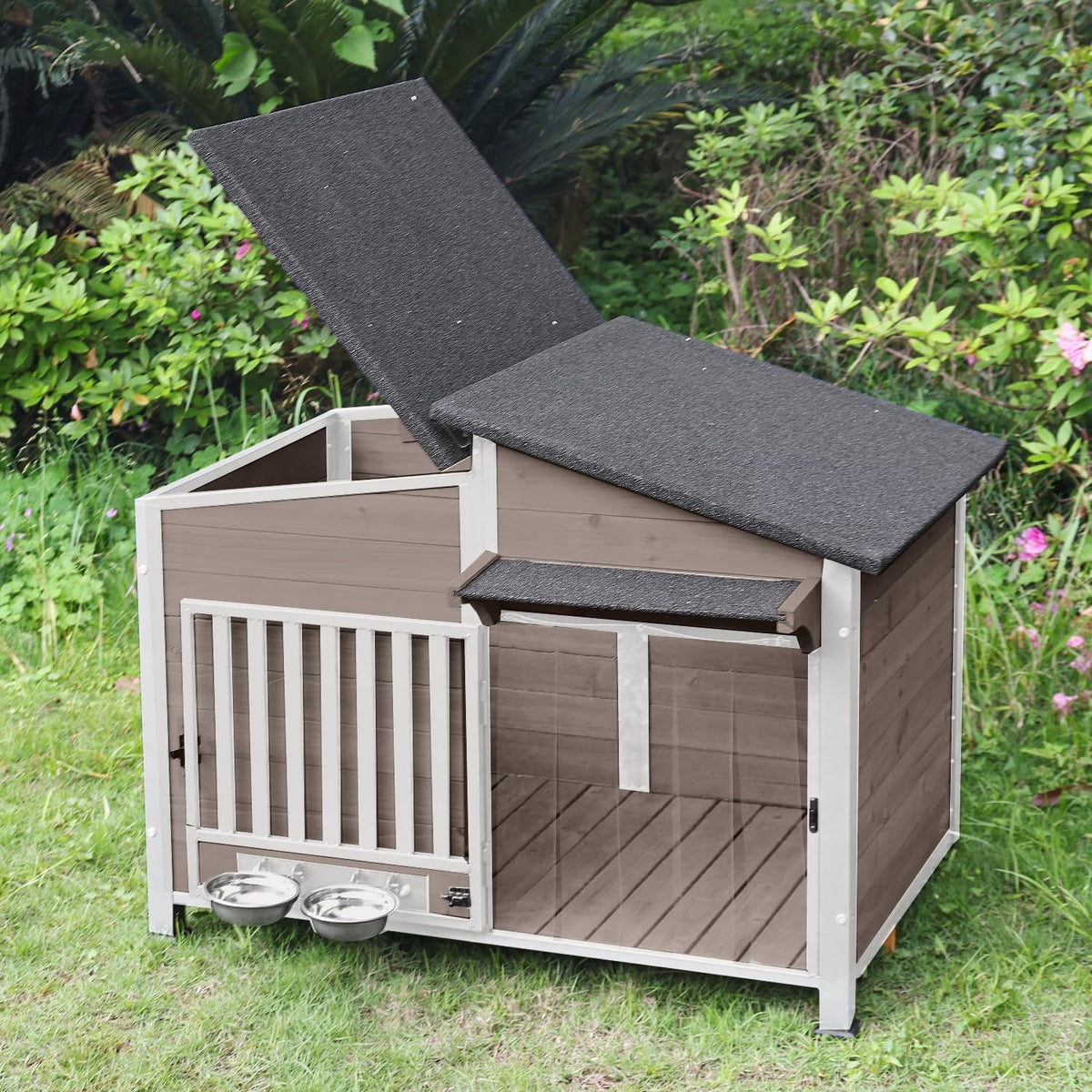 Dog House Outdoor with Bowls Weatherproof Dog Kennel with Anti-Chewing Iron Frame Dog Shelter for