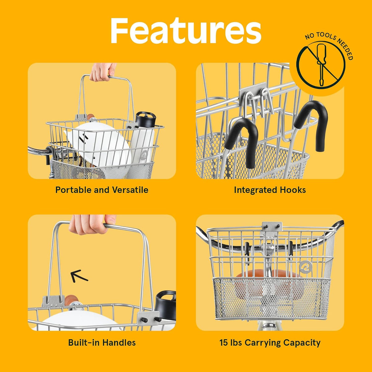 Retrospec Apollo Detachable Front Bike Basket Steel Half-Mesh with Integrated Detachable Hooks and