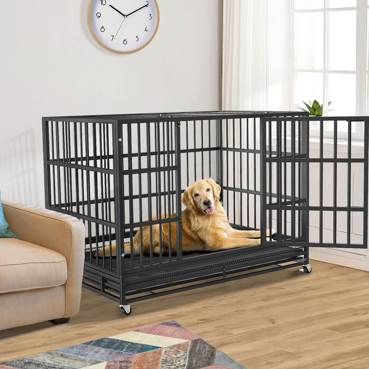 54/48/42/38 Inch Heavy Duty Dog Crate Cage with Wheels, Indestructible and Escape Proof Steel