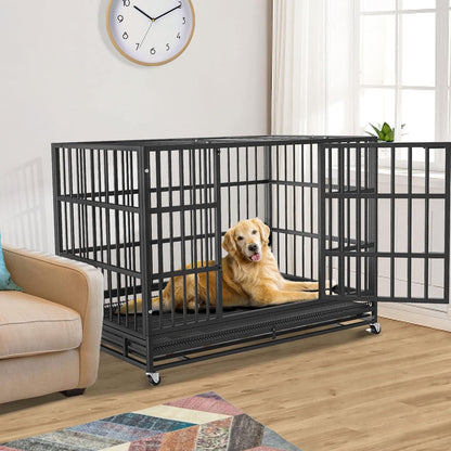 54/48/42/38 Inch Heavy Duty Dog Crate Cage with Wheels, Indestructible and Escape Proof Steel