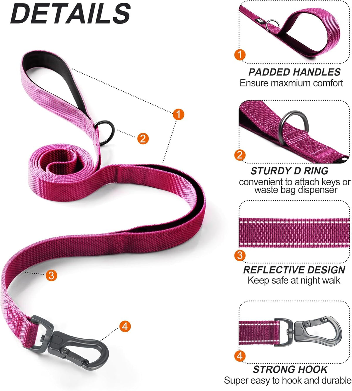 TwoEar 5FT 1IN Strong Rose Dog Leash with 2 Padded Handles, Traffic Handle Extra Control
