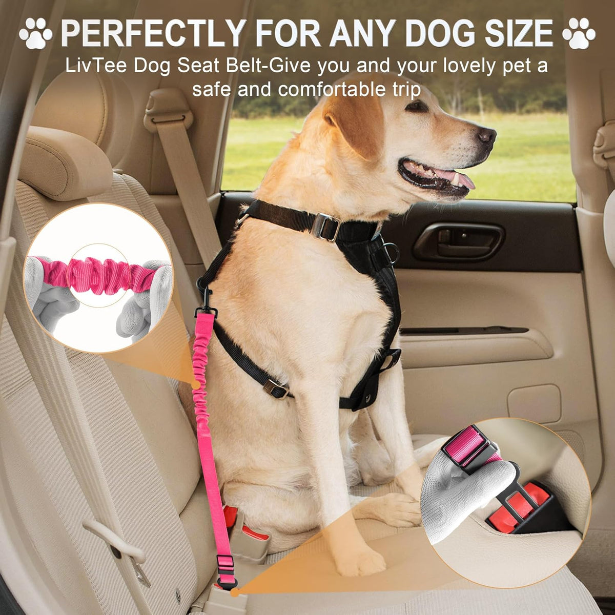 LivTee Dog Seat Belt for Car, Retractable Pet Safety Harness, Adjustable Nylon Dog Seatbelt Leash