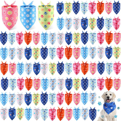 100 Pieces Paw Print Dog Bandanas Bulk Paw Bandanas for Dogs Soft Bibs Adjustable Triangle Doggie