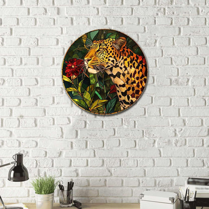 Lygond Metal Sign Tin Sign Circular Stained Glass Leopard Minimalist Wall Art for Garden 12×12