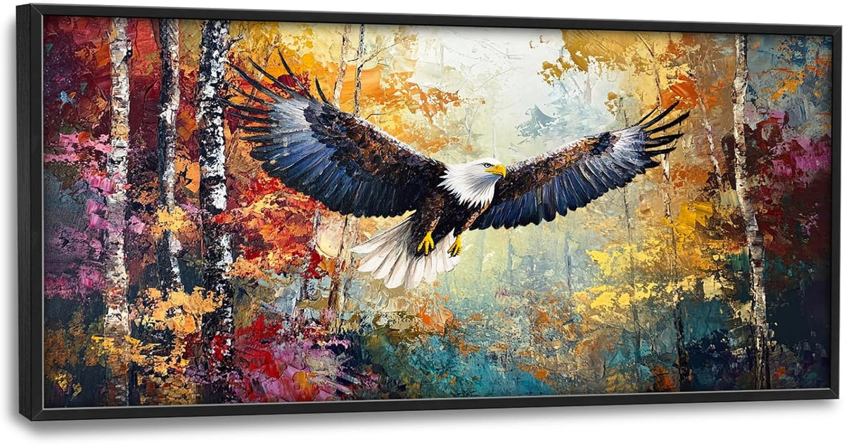 Extra Large Framed Bald Eagle Wall Art,Abstract Colorful Forest Wall Decor,Autumn Fall Forest