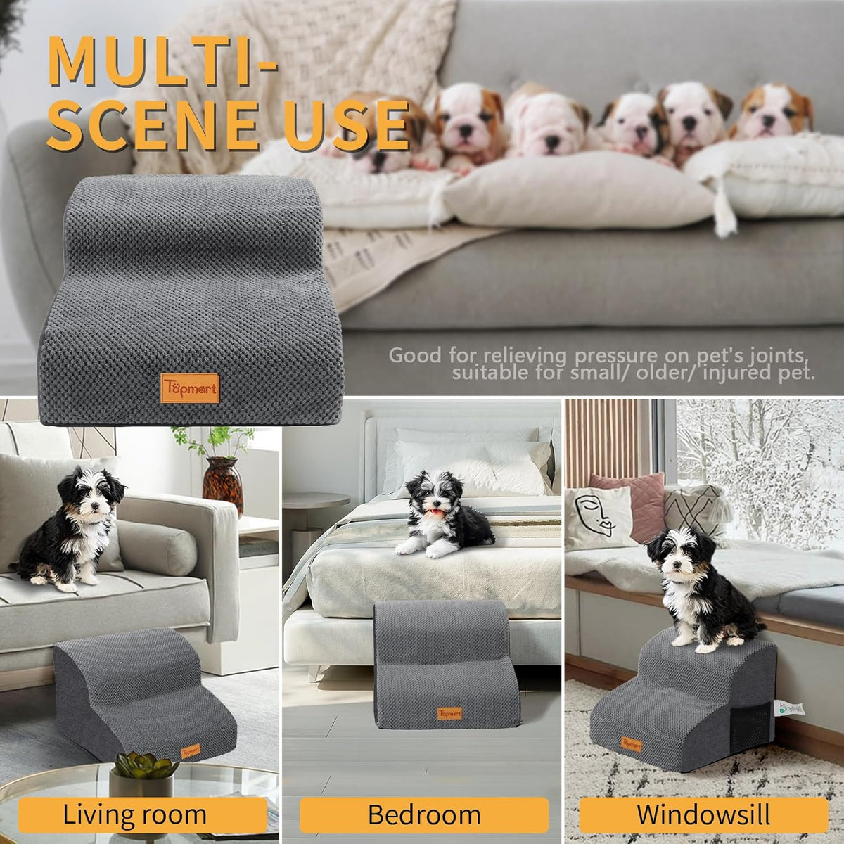 Topmart High Density Foam Pet Steps 2 Tiers,11.8" High,Non-Slip Dog Stairs,Soft Foam Dog Ramp