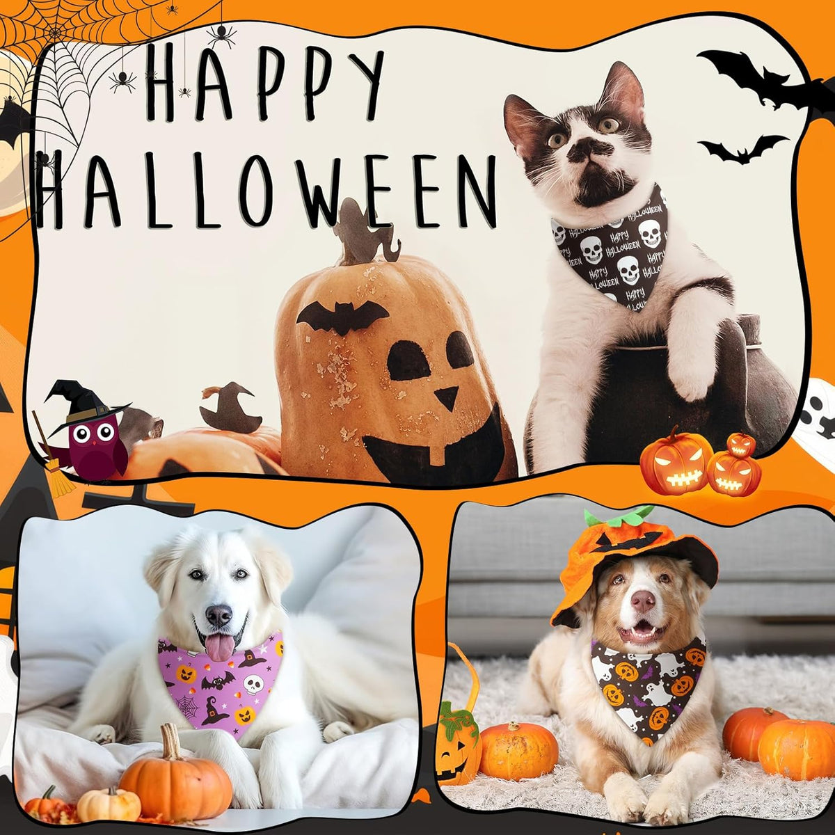 Weewooday 50 Pcs Halloween Dog Bandanas Bulk Pumpkin Ghost Bandanas for Dogs Soft Triangle Bibs