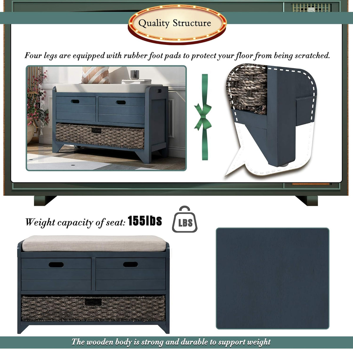 Storage Bench Removable Basket 2 Drawers Fully Assembled Acacia Wood Shoe Bench Standing Shoe Rack