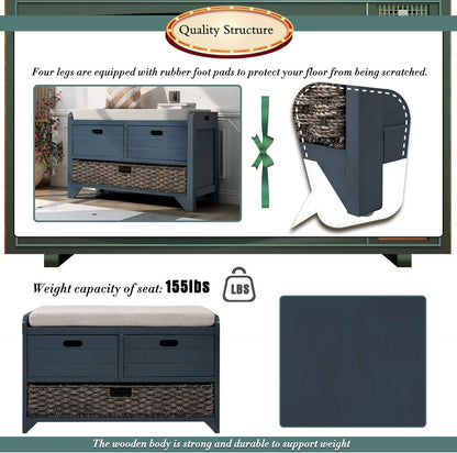 Storage Bench Removable Basket 2 Drawers Fully Assembled Acacia Wood Shoe Bench Standing Shoe Rack