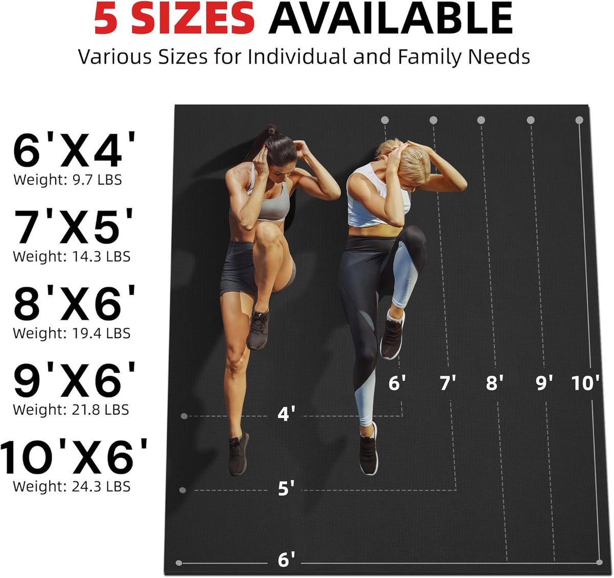Extra Large Exercise Mat, 10'x6'/9'x6'/8'x6'/7'x5'/6'x4' (8mm/10mm) Thick Workout Mat for Home Gym