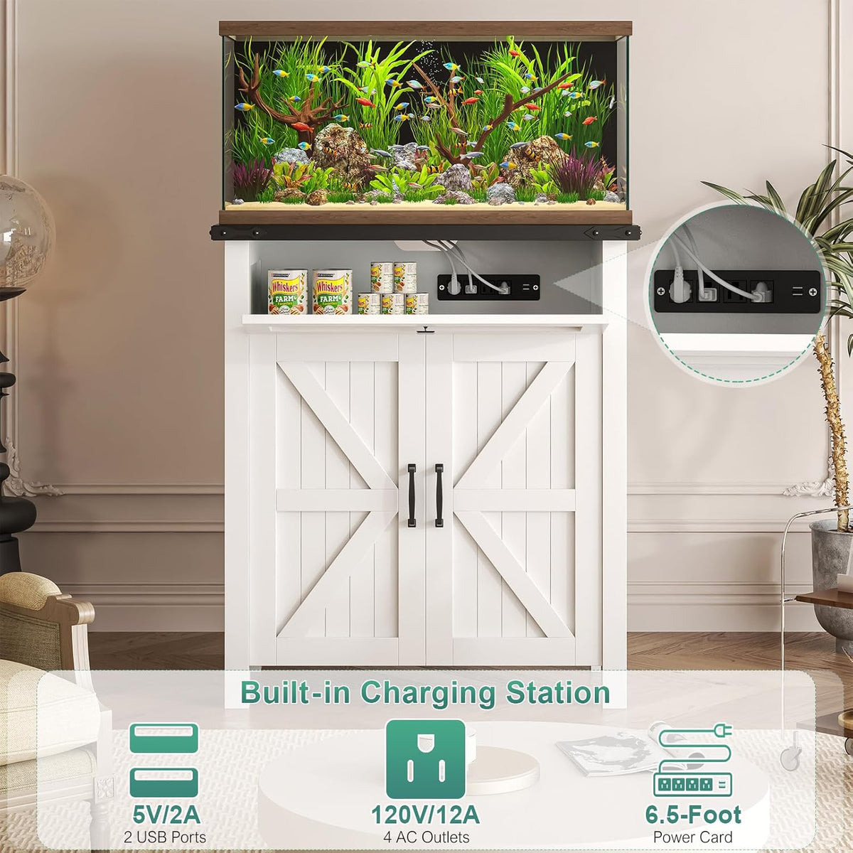 Suadism 20 Gallon Aquarium Stand With Charging Station, Farmhouse Fish Tank Stand, Reptile and