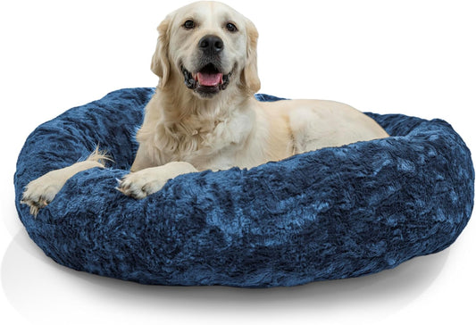 Best Friends by Sheri Original Calming Donut Dog and Cat Bed, Lux Faux Fur, Navy Blue, (36in x