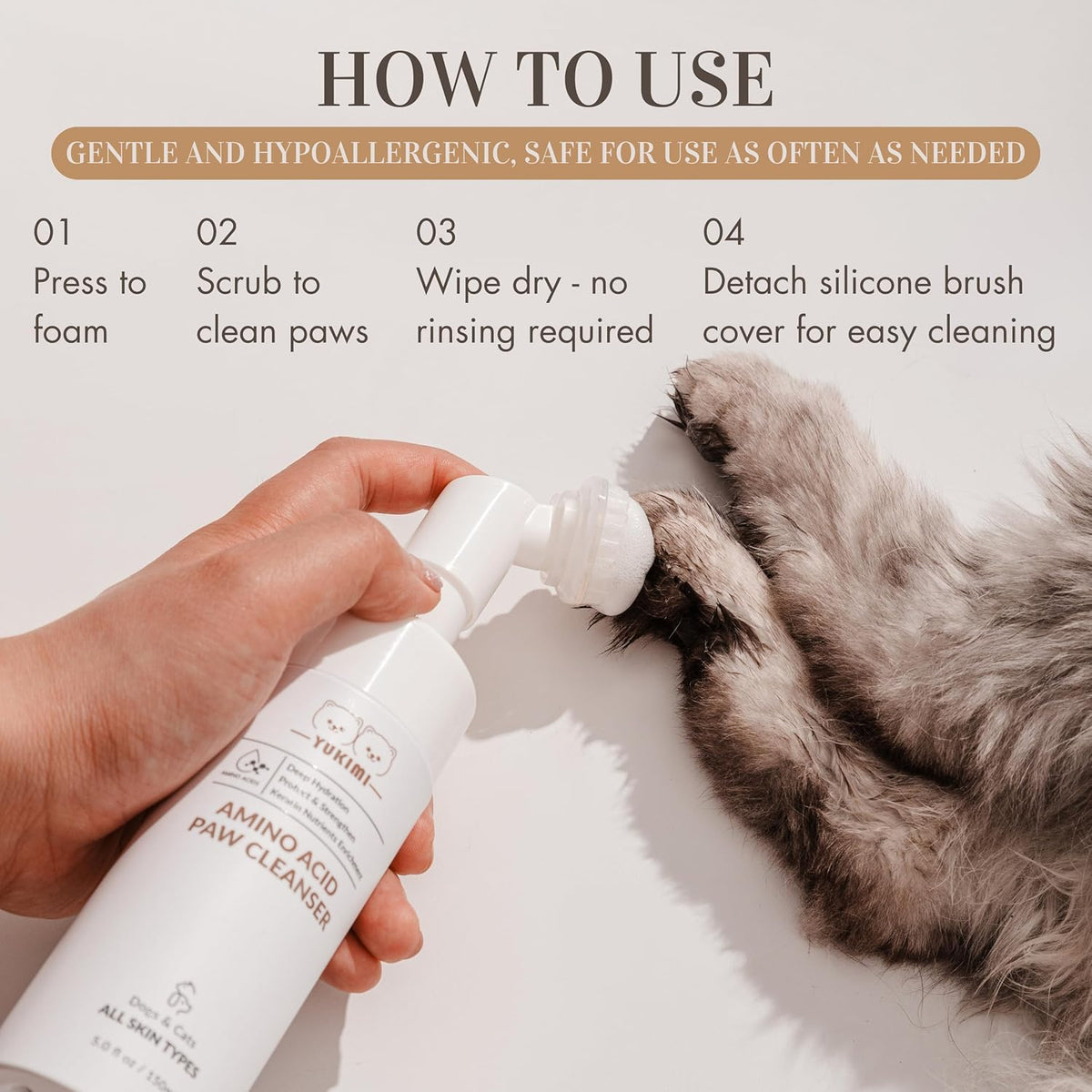 YUKIMI Premium Amino Acid Paw Cleanser with Silicone Bristle Brush for Dogs & Cats | Dermatologist