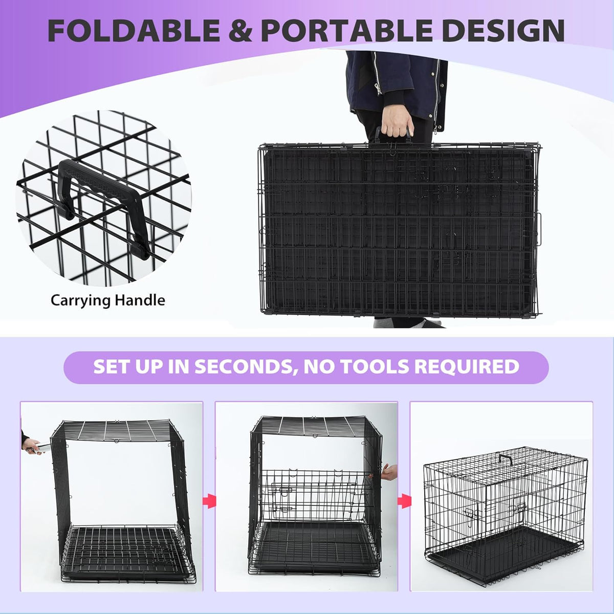 BestPet | Dog Crate | 30" | Black | Foldable Metal Kennel with Double Doors, Secure Slide-Bolt