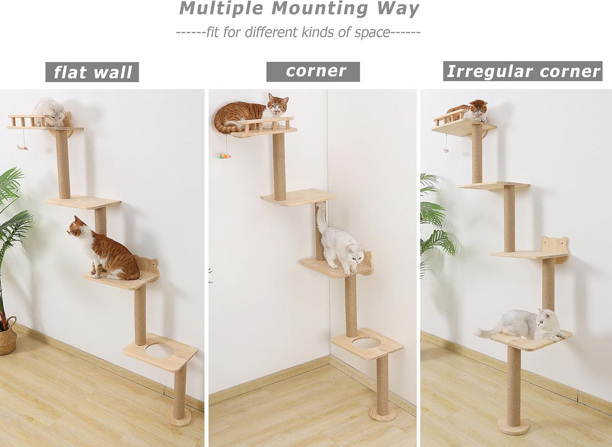 Cat Tree Wall Mounted with 4 Levels Shelves, 73" Wood Corner Tower Inside Kitten Playground for