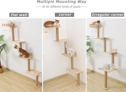 Cat Tree Wall Mounted with 4 Levels Shelves, 73" Wood Corner Tower Inside Kitten Playground for