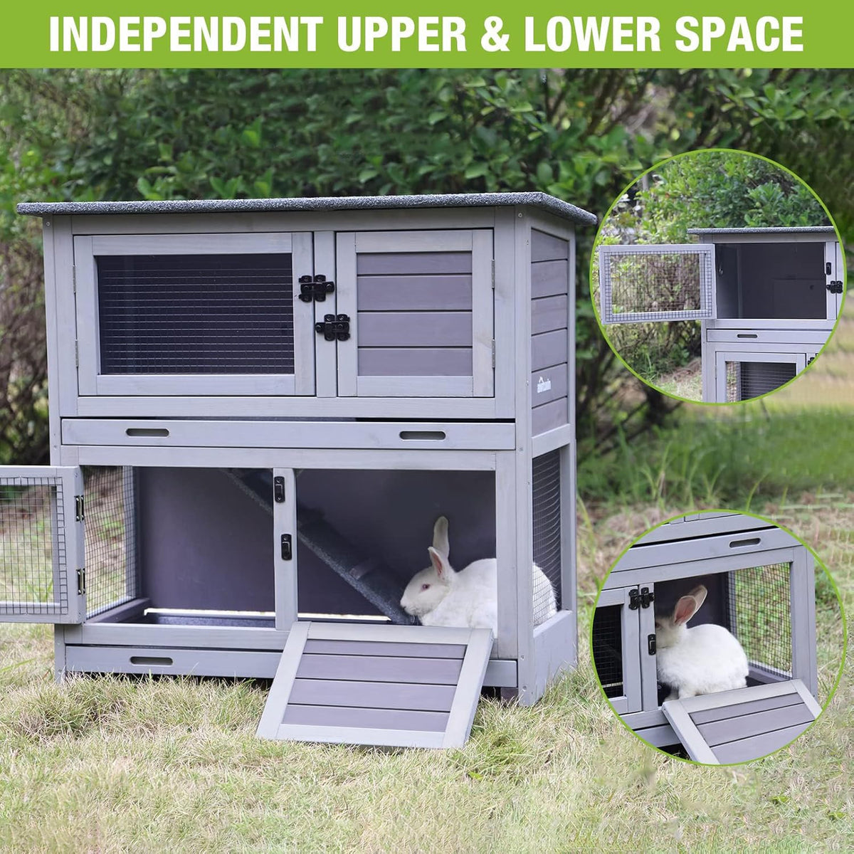 Rabbit Hutch Bunny Cage, Guinea Pig Cage Bunny Hutch Indoor, Wood Pet Cage with 4 Casters -2 Story