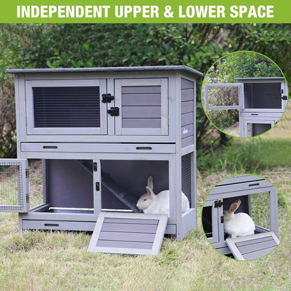 Rabbit Hutch Bunny Cage, Guinea Pig Cage Bunny Hutch Indoor, Wood Pet Cage with 4 Casters -2 Story