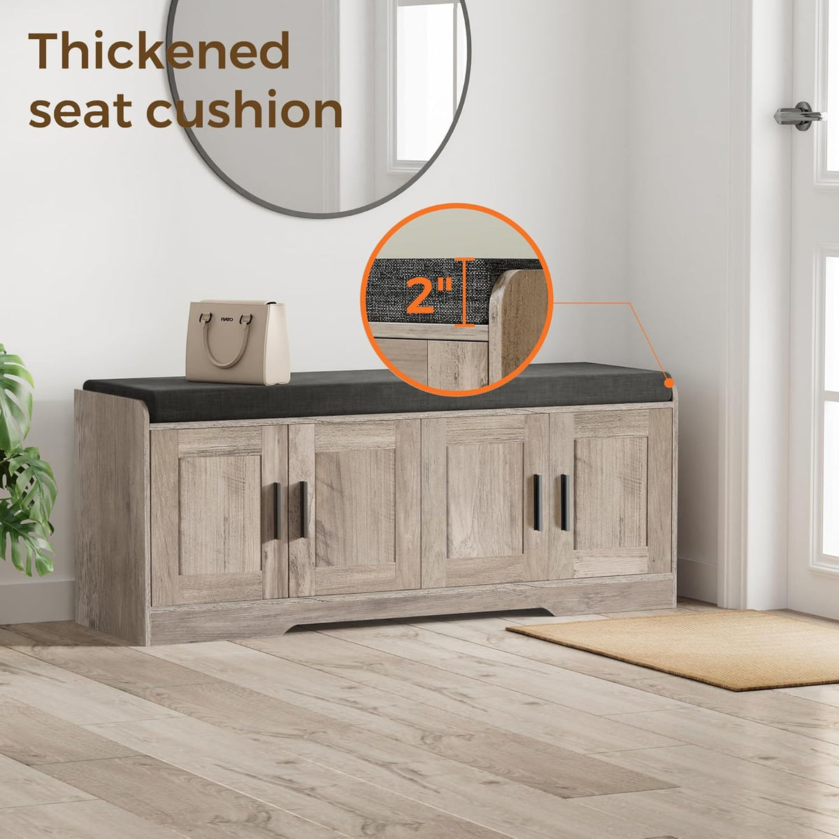 2-Tier Storage Bench, Shoe Bench with Thickened Padded Seat Cushion, Entryway Bench with 4 Doors
