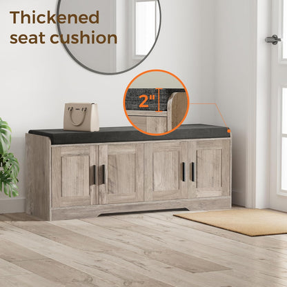 2-Tier Storage Bench, Shoe Bench with Thickened Padded Seat Cushion, Entryway Bench with 4 Doors