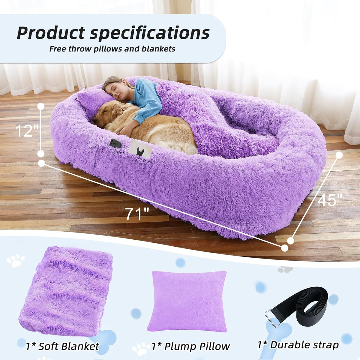 Human Dog Bed, 71''x45''x12'' Size Fits You and Pets, Washable Faux Fur Pet Bed for People Doze