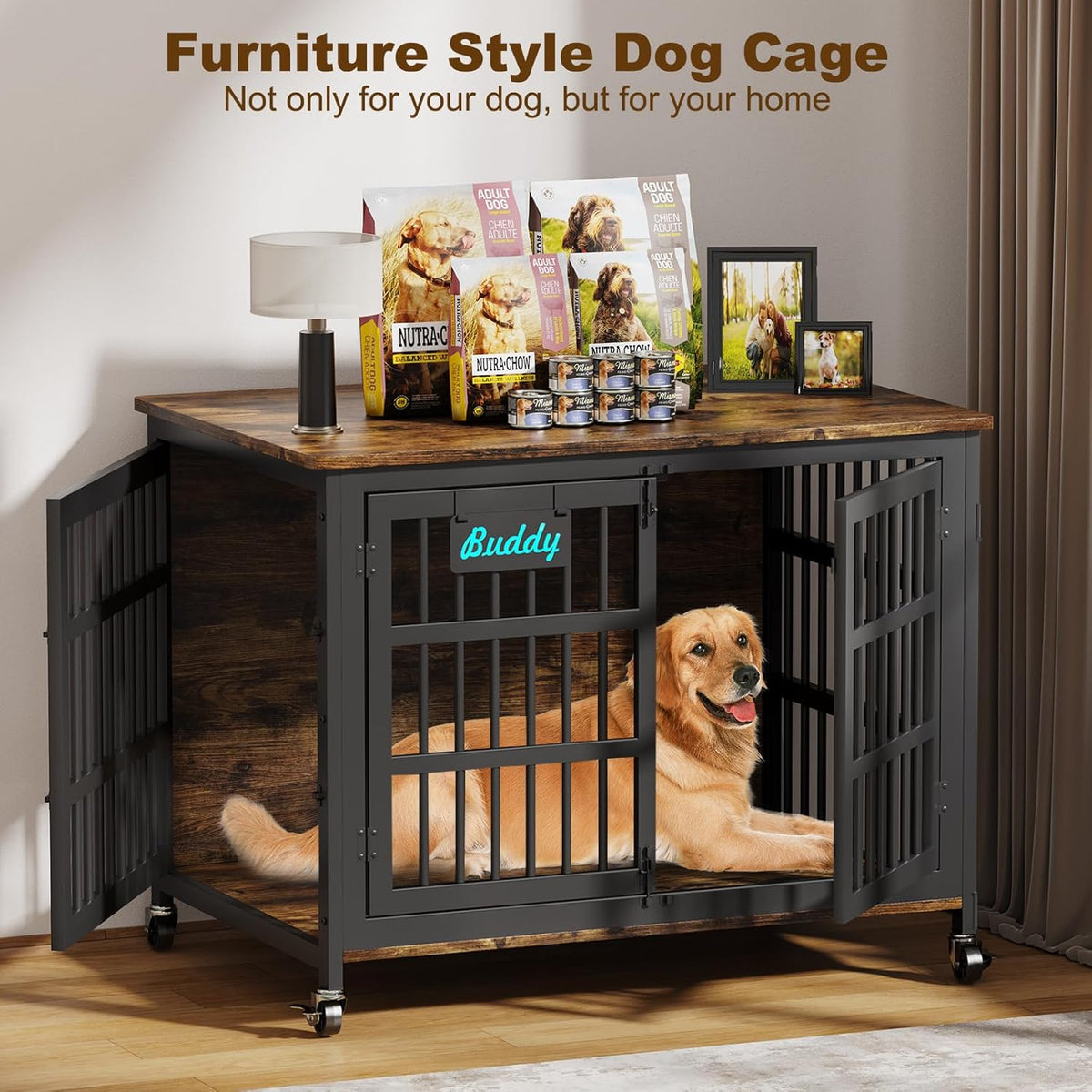 EasyCom 42"/41"/33" Dog Crate Furniture with Name Tag, XL Heavy Duty Dog Kennel Indoor for Large