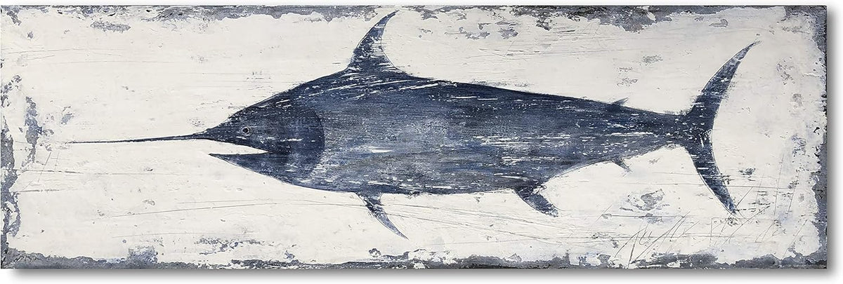 Yihui Arts Indigo Blue Swordfish Canvas Wall Art Painting Pictures for Living Room Bedroom Bathroom