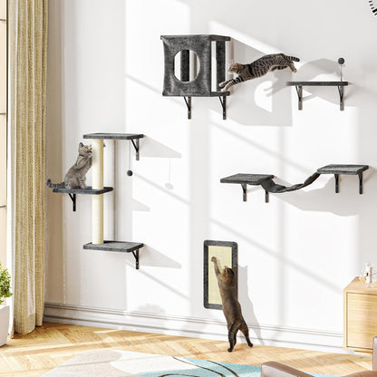 NUNU LAB Cat Wall Shelves Set, 5 Pcs Wall-Mounted Cat Climber with Cat House, Bridge, Scratching