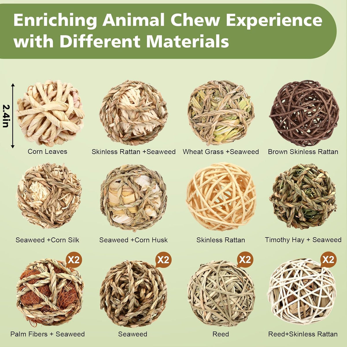 Bunny Chew Grass Balls, Rolling Chew Toys for Small Animals, Improving Dental Health, Natural Chew