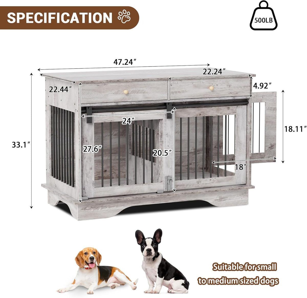 Dog Furniture Crate, 47" Large Dog Crate Furniture w/ 2 Storage Draws & Removable Divider for