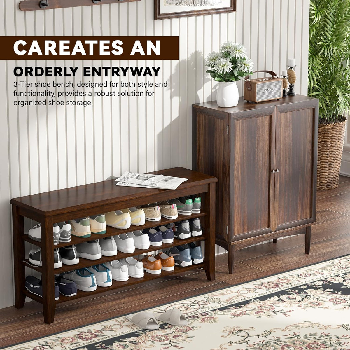 Shoe Bench Storage Rubberwood, Entryway Bench with 3-Tiers Height Adjustable, Shoe Rack Front Door