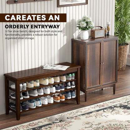 Shoe Bench Storage Rubberwood, Entryway Bench with 3-Tiers Height Adjustable, Shoe Rack Front Door