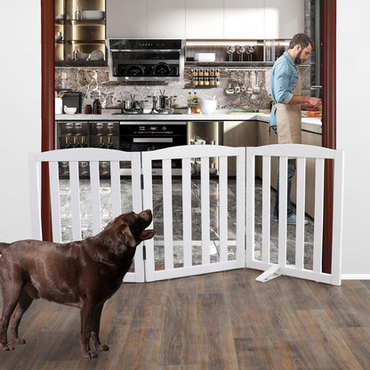 ZJSF Foldable Freestanding Indoor Dog Gate for House Wood White Long Pet Gates Dog Fence for Stairs