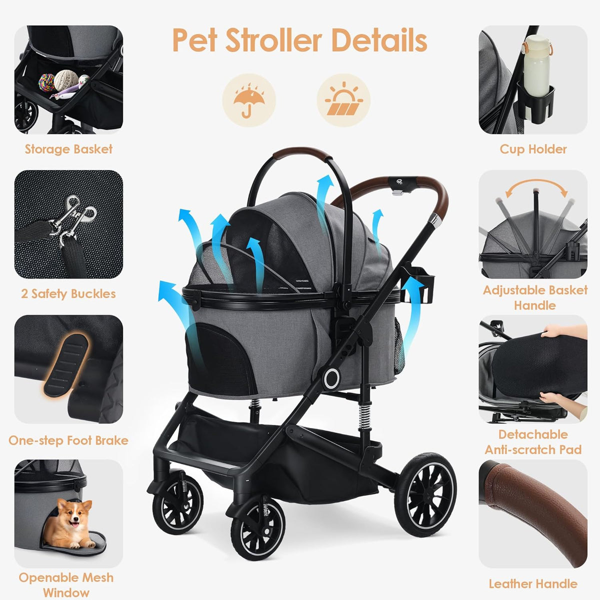 Pet Stroller with 4 Wheels, 3 in 1 Folding Puppy Strollers for Small/Medium Dogs Cats up to 50lbs
