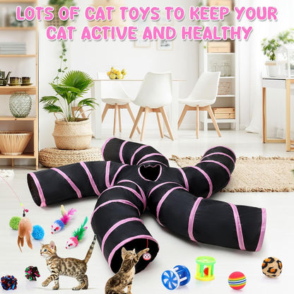 Poen 21 Pcs Cat Tunnel for Indoor Set Collapsible 5 Way Tubes with 20 Pcs Cat Kitten Toys