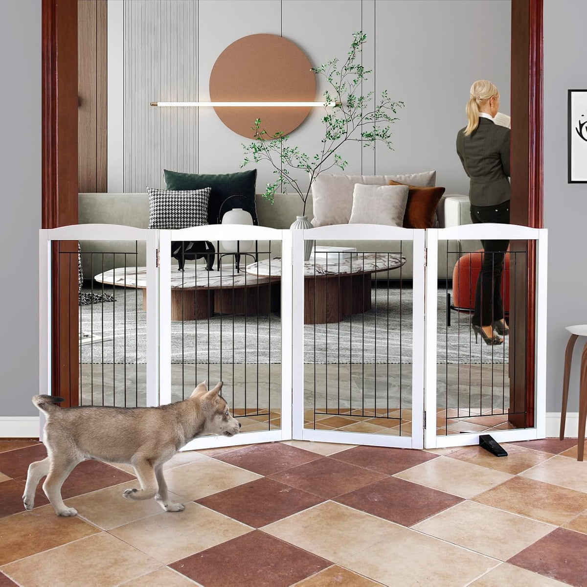 ZJSF Freestanding Dog Fence Indoor, Foldable Dog Gate for Doorways, Stairs or Hallways, Sturdy Wood