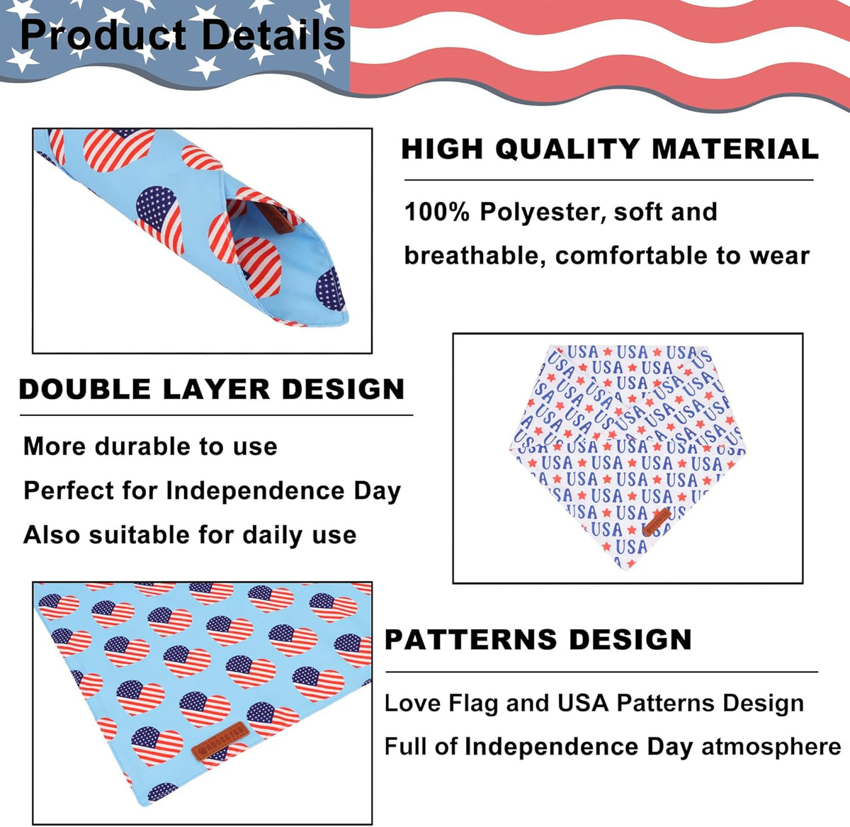 ADOGGYGO 4th of July Dog Bandanas, American Flag Pet Scarf, Multi Size Offered, White Blue Flag