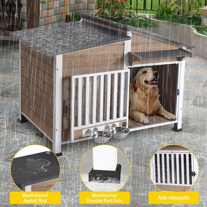 Chew-Resistant Dog House with Metal Frame, Wooden Kennel for Indoor & Outdoor Use, Waterproof Roof